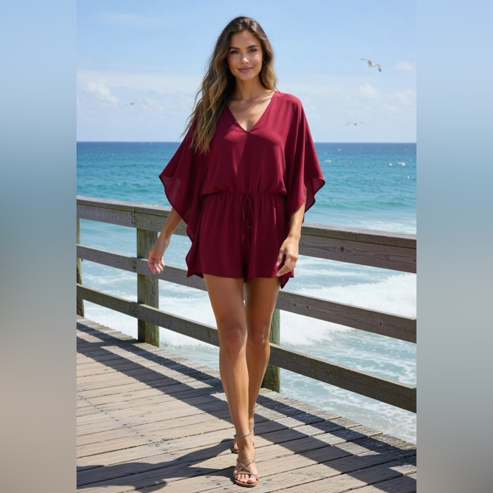 Women's Burgundy V-Neck Drawstring Waist Romper